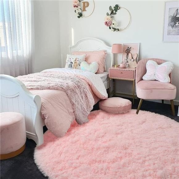 Pink Round Rug for Girls Bedroom,Fluffy Circle Rug5'X5'for Kids Room,FurryCarpet - Picture 3 of 6